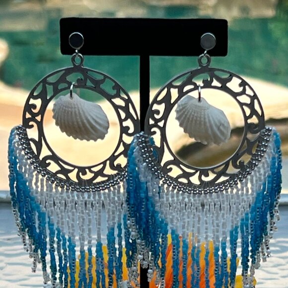 Handmade Beaded Large Long Tassel Fringe Dangle Drop Mermaid Post Shell Earrings - Picture 7 of 9